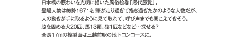 日本橋の賑わいを克明に描いた風俗絵巻「熈代勝覧」。登場人物は総勢1671名！筆が走り過ぎて描き過ぎたかのような人数だが、人の動きが手に取るように見て取れて、呼び声までも聞こえてきそう。脇を固める犬20匹、馬13頭、猿1匹などなど…探せる？全長17mの複製画は三越前駅の地下コンコースに。