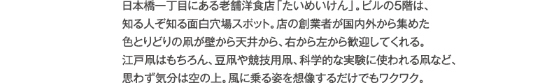 日本橋一丁目にある老舗洋食店「たいめいけん」。ビルの5階は、知る人ぞ知る面白穴場スポット。店の創業者が国内外から集めた色とりどりの凧が壁から天井から、右から左から歓迎してくれる。江戸凧はもちろん、豆凧や競技用凧、科学的な実験に使われる凧など、思わず気分は空の上。風に乗る姿を想像するだけでもワクワク。