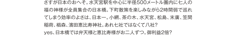 さすが日本のおへそ。水天宮駅を中心に半径500メートル圏内に七人の福の神様が全員集合の日本橋。下町散策を楽しみながら2時間弱で巡れてしまう効率のよさは、日本一。小網、茶の木、水天宮、松島、末廣、笠間稲荷、椙森、濱田恵比寿神社。あれ七社ではなくて八社?
	 yes、日本橋では弁天様と恵比寿様がお二人ずつ。御利益2倍?